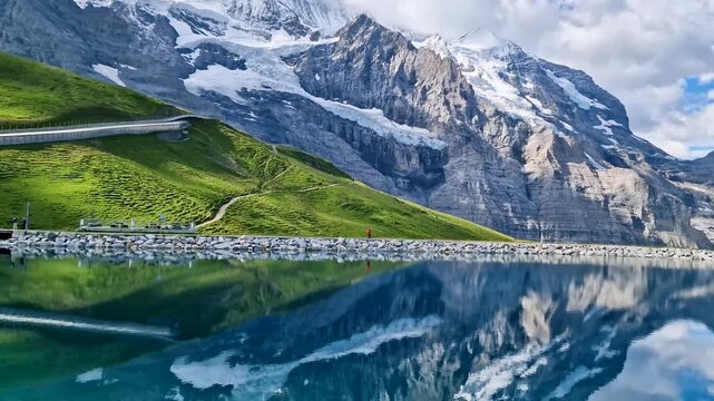 pristine Fallboden lake in the Swiss Alps with reflection of snowy Eiger Monch peaks in turquoise water, passing train, peaceful Switzerland landscape in idyllic summer morning 
