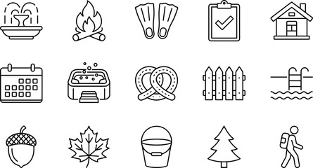Outdoor Summer Camping Travel Activities And Backyard Recreation Amenities Line Art Icon Set © MstBabli