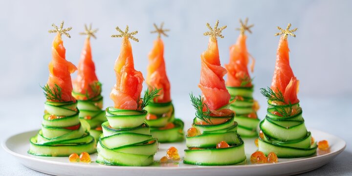 Christmas trees made from cucumber and smoked salmon