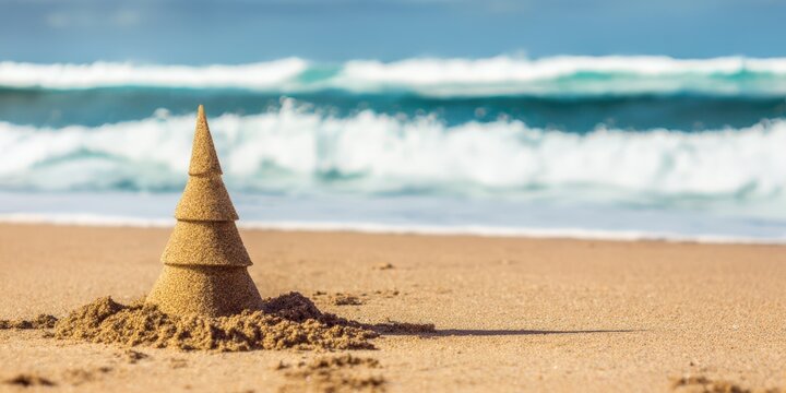 Sand christmas tree on tropical beach vacation celebrating winter holidays