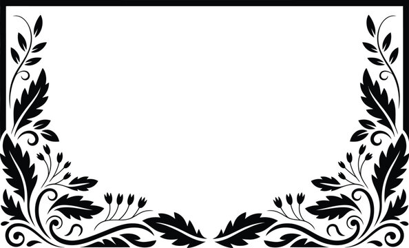 Decorative floral corner flourishes and rectangular frame border with flourish ornament decorative silhouette botanical illustration monochrome isolated decoration backdrop background