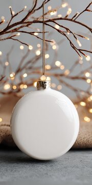 Blank white christmas bauble hanging on illuminated branch