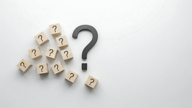 Question mark concept with wooden blocks and symbols on grey background question solution decision business thinking uncertainty challenge information