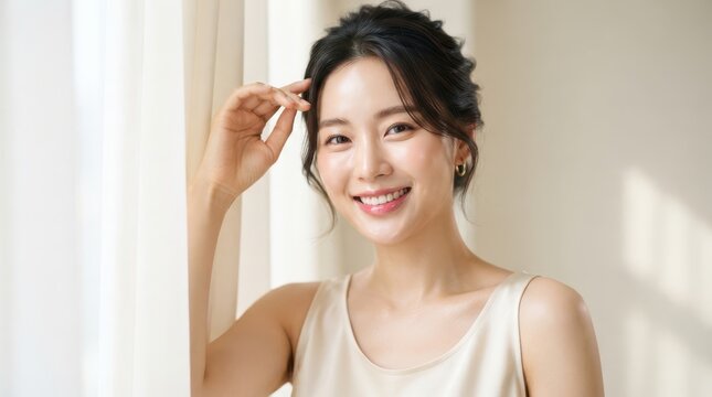 Portrait of a beautiful young asian woman smiling near a window