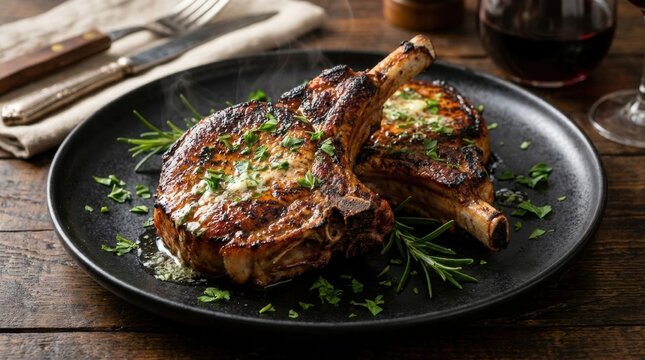 Grilled pork chops with rosemary and herbs on a black plate