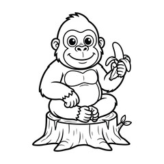 Gorilla Sitting on Tree Stump Cute Jungle Coloring Page Outline Illustration for Kids