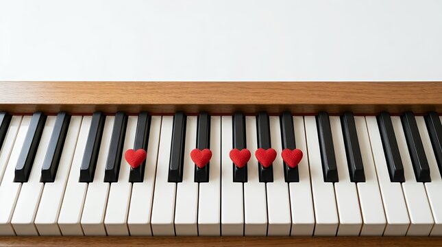 Musical education concept showing D sharp minor seventh (D#m7) or E flat minor seventh (Ebm7) piano chord illustrated with romantic hearts placed on corresponding keys representing love for music and