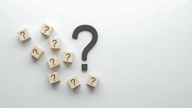 Question mark symbol with wooden blocks on white background question solution information thinking strategy business knowledge