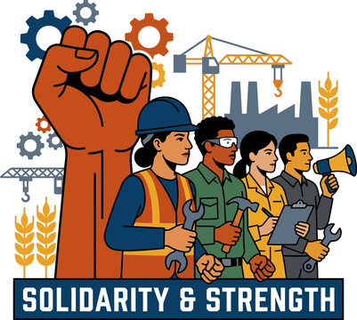 Diverse workers united with fist and industry symbols during labor movement vector illustration