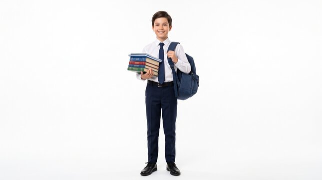Smiling schoolboy in formal uniform holding books, young student with backpack on white background, elementary school pupil ready for classes