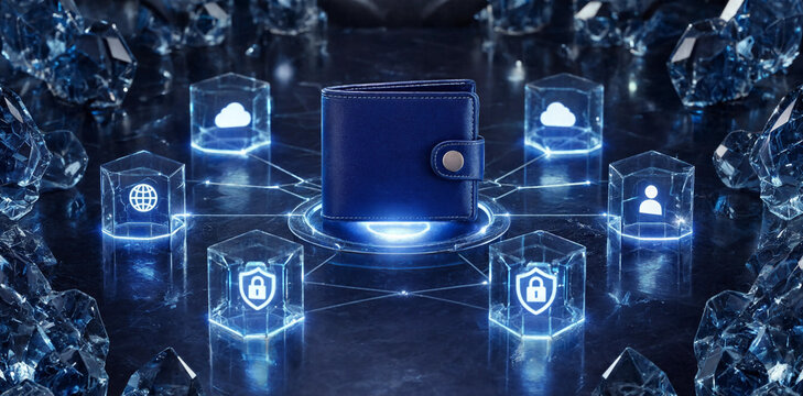 Digital cryptocurrency wallet concept with security icons and blue neon network connections cryptocurrency security blockchain technology encryption protection innovation connection
