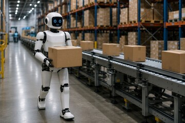 Fototapeta premium Autonomous humanoid robot carrying cardboard box in modern automated warehouse distribution center