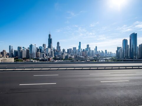 Panoramic view of a modern city skyline with a wide empty asphalt road in the foreground