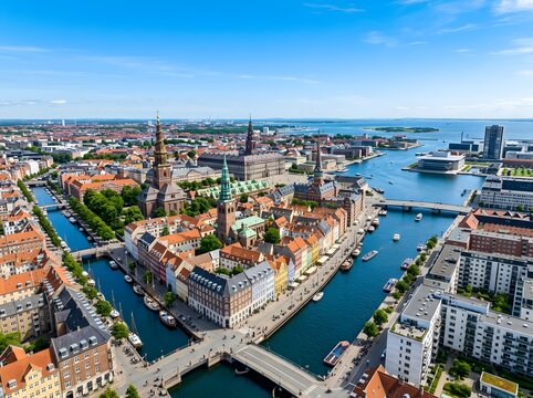 Aerial view of the historic city center of gdansk poland featuring the motlawa river and old town architecture