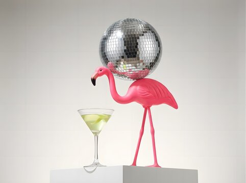 Pink flamingo statue with a disco ball and martini