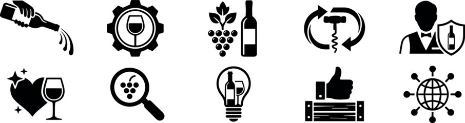Obraz premium Wine Production and Sommelier Service Silhouette Icon Set with Bottle Pouring, Grape Harvest, Corkscrew, Wooden Crate, and Global Distribution Symbols