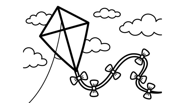 A simple black and white line art drawing of a kite flying in the sky with clouds