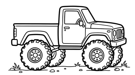 Fototapeta premium A black and white line art illustration of a rugged pickup truck with large off road tires