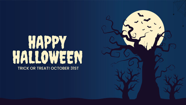 Happy halloween celebration banner with giant moon and spooky trees in dark blue night sky for trick or treat events design.