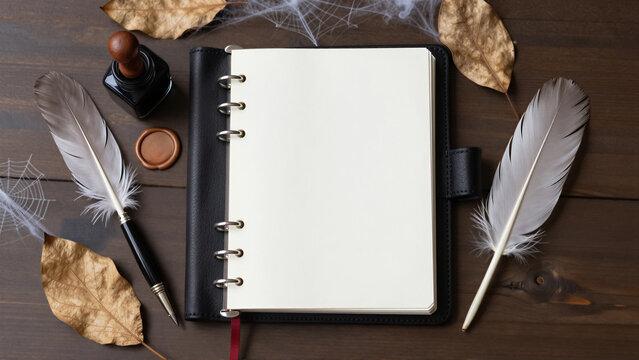 Top view of a vintage notebook with a blank page, surrounded by a quill pen, inkwell, and dried autumn leaves on a rustic wood background. A spider web adds a mysterious, spooky touch