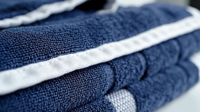 Extreme close-up of folded dark blue towels with white trim. Luxury spa and bathroom linens texture