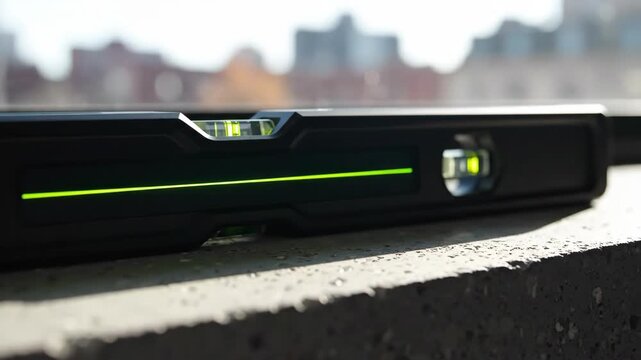 Modern spirit level with green laser on concrete. Precision measurement tool for construction and home improvement. Accurate alignment for building projects
