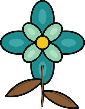 Flat vector icon of a small star-shaped five-petal flower with bold black outline, coral red petal fill, yellow dotted center, and a thin curved green stem with an asymmetric leaf. Isolated on white b