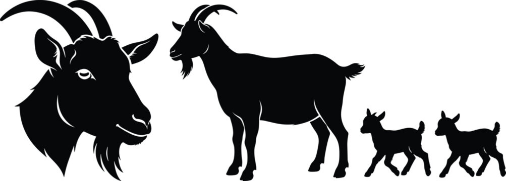 Black Goat Silhouette Set with Head Portrait and Little Kids Vector Illustration Designs