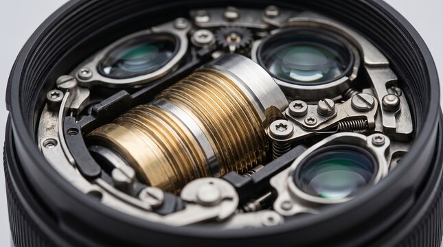Close up view of complex internal lens mechanism showing glass optical elements gears helicoid screws and mechanical components