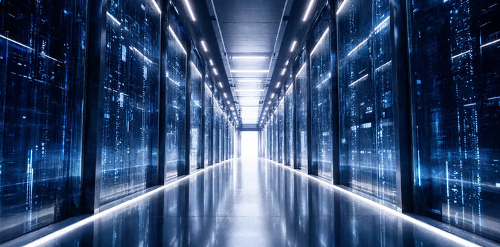 Symmetrical perspective of a high-tech data center hallway with rows of server cabinets and glowing blue indicators for advanced cloud server infrastructure datacenter technology computing