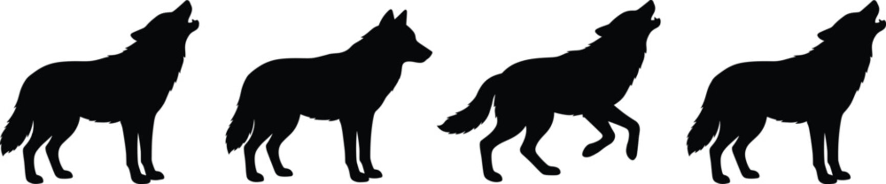 Howling Wolf Silhouette Icon Set Representing Wild Predators Wildlife Nature and Logo Designs