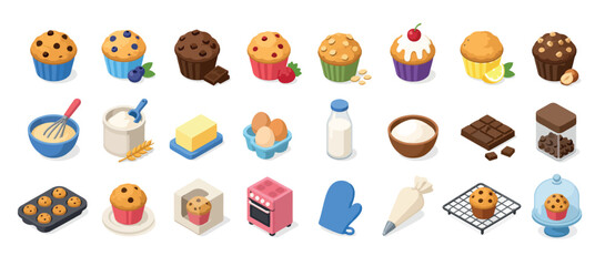Fototapeta premium Colorful pixel art cupcakes and baking ingredients collection.