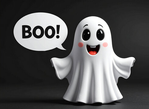 Sü&szlig;es Gespenst mit einer Sprechblase, in der &bdquo;Boo!&ldquo; steht, vor schwarzem Hintergrund.