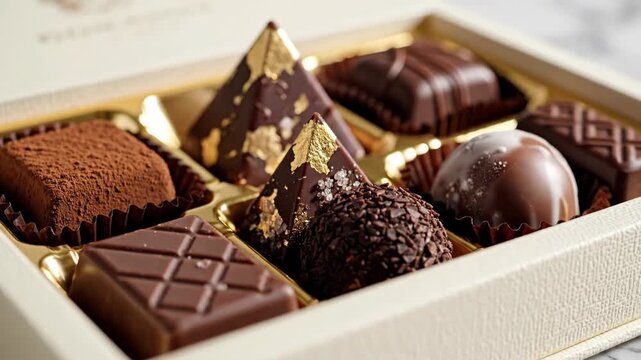 Box of artisanal luxury chocolates with gold leaf decoration. Gourmet assorted truffles and pralines in a premium gift box. High-end confectionery concept