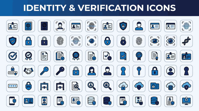 Comprehensive Identity and Verification Icon Set featuring blue and black biometric and security symbols ideal for cybersecurity websites and fintech apps.