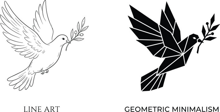 Peace Dove Vector Set Featuring Detailed Hand Drawn Line Art And Geometric Minimalist Origami Polygon Styles