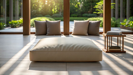 Fototapeta premium Floor cushion pillow sunlight relaxation minimalist modern living room indoor comfort peaceful. minimalist living room with large floor cushion soft pillows and sunlight streaming creating