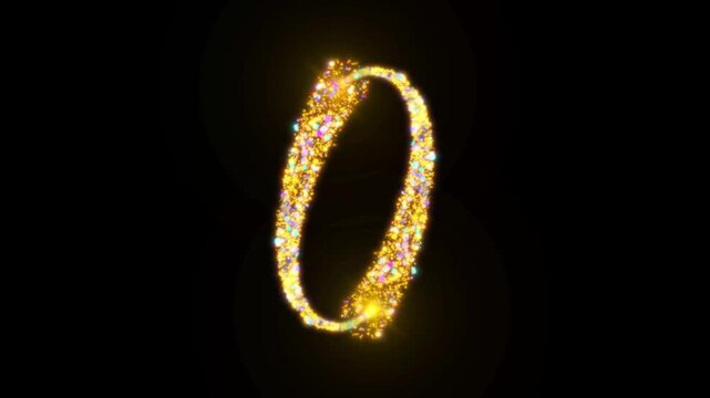Glowing golden particle trails forming an oval ring frame with bright lens flare, motion graphics overlay on black background