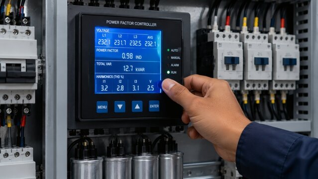 Engineer Hand Monitoring Power Factor Correction Capacitor Bank