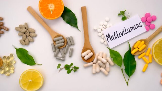 Various tablets and capsules, supplements and vitamins. Selective focus.
