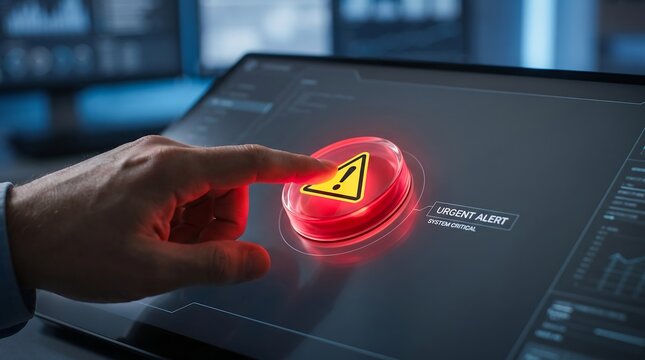 Cybersecurity urgent alert on digital touchscreen, hand pressing red warning button with exclamation icon, futuristic network security interface
