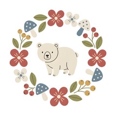 Fototapeta premium A small bear stands in the center of a circle made of colorful flowers and mushrooms. The setting shows a playful nature theme with bright elements