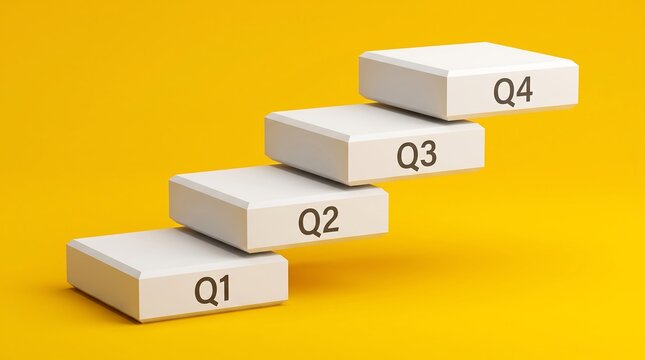 Quarterly business growth steps with Q1 Q2 Q3 Q4 labels, white 3D blocks on yellow background, financial progress and success concept