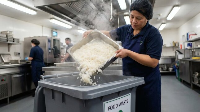 A woman in a commercial kitchen is disposing of a large tray of rice into a food waste bin. Steam rises from the rice as she empties the container into the bin, which is clearly marked FOOD WASTE