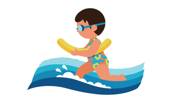 Young child in a colorful swimsuit and goggles learning to swim with a noodle in simple blue waves. Childhood water activity concept