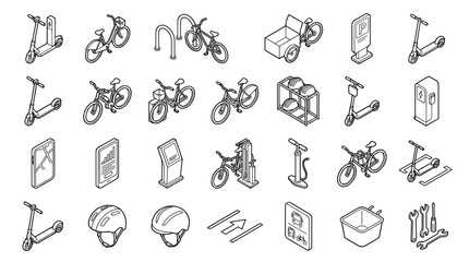 Fototapeta premium Isometric Urban Mobility and Bicycle Sharing Icons