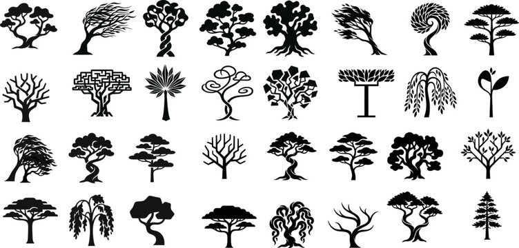 Abstract and artistic tree silhouettes with unique twisted branches and flowing forms representing nature and growth stylized.