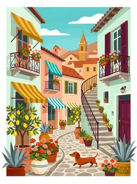 A small town street shows a dog walking past colorful houses and flower pots. Balconies have potted plants. The sun shines on a clear day in this lively area