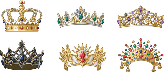 Set of various royal crowns and glittering tiaras decorated with precious gems and jewels © Hello World