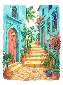 In a narrow alley in a Moroccan town, vibrant plants and flowers grow in pots. Birds perch on the walls and trees. The sun is shining brightly on the stones and colorful doors